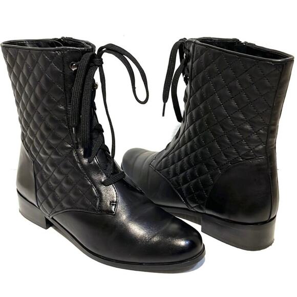 Neiman Marcus Women’s Size 9 Quilted Lace Up Black Boots - Picture 1 of 11